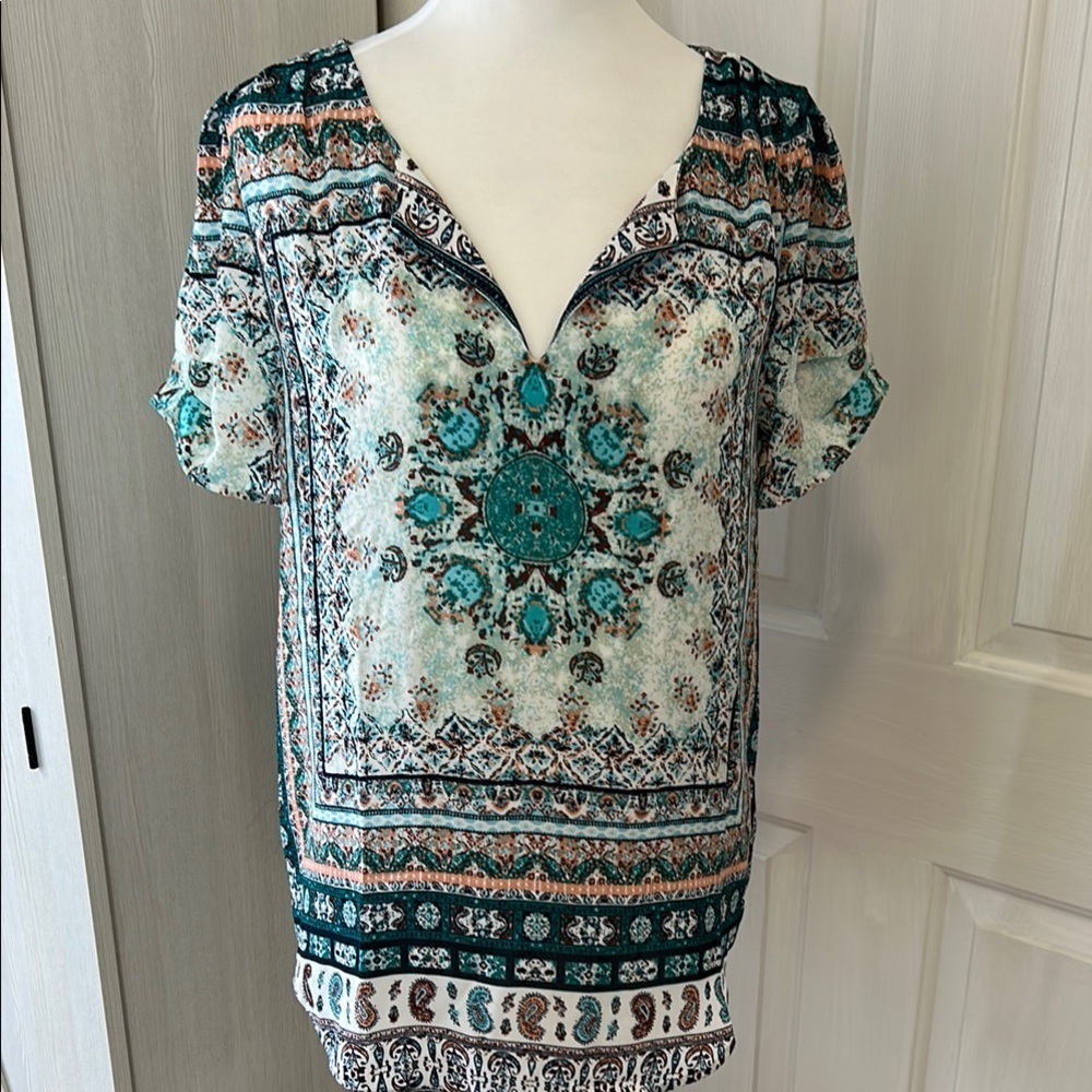 DR2 Blue and Brown Boho Blouse Sz S